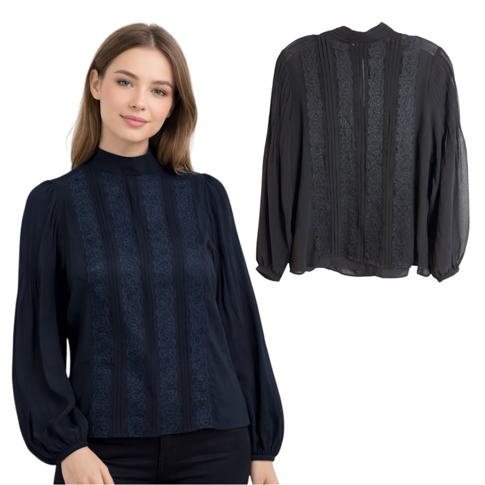 Banana Republic Black Sheer Lace Blouse Pleated Long Sleeves Size S